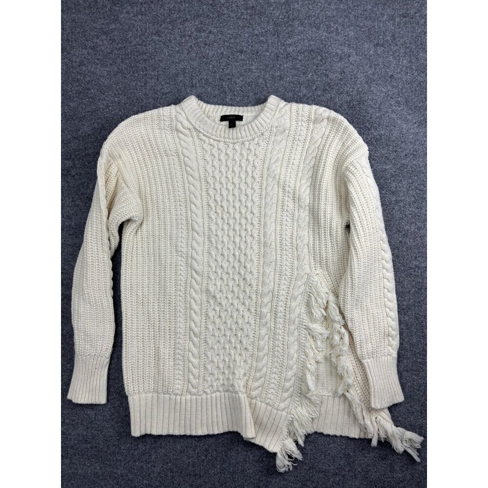 J Crew Sweater Womens Medium White Cable Knit Fringe Raglan Crewneck Pullover